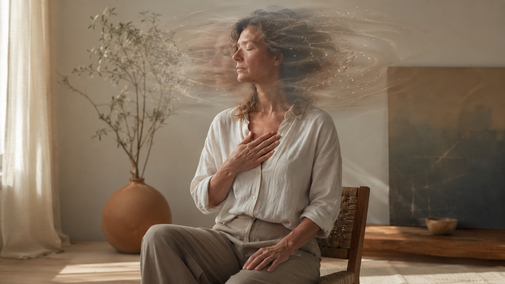 A woman with her head in her hands, reflecting on mind-body disconnection