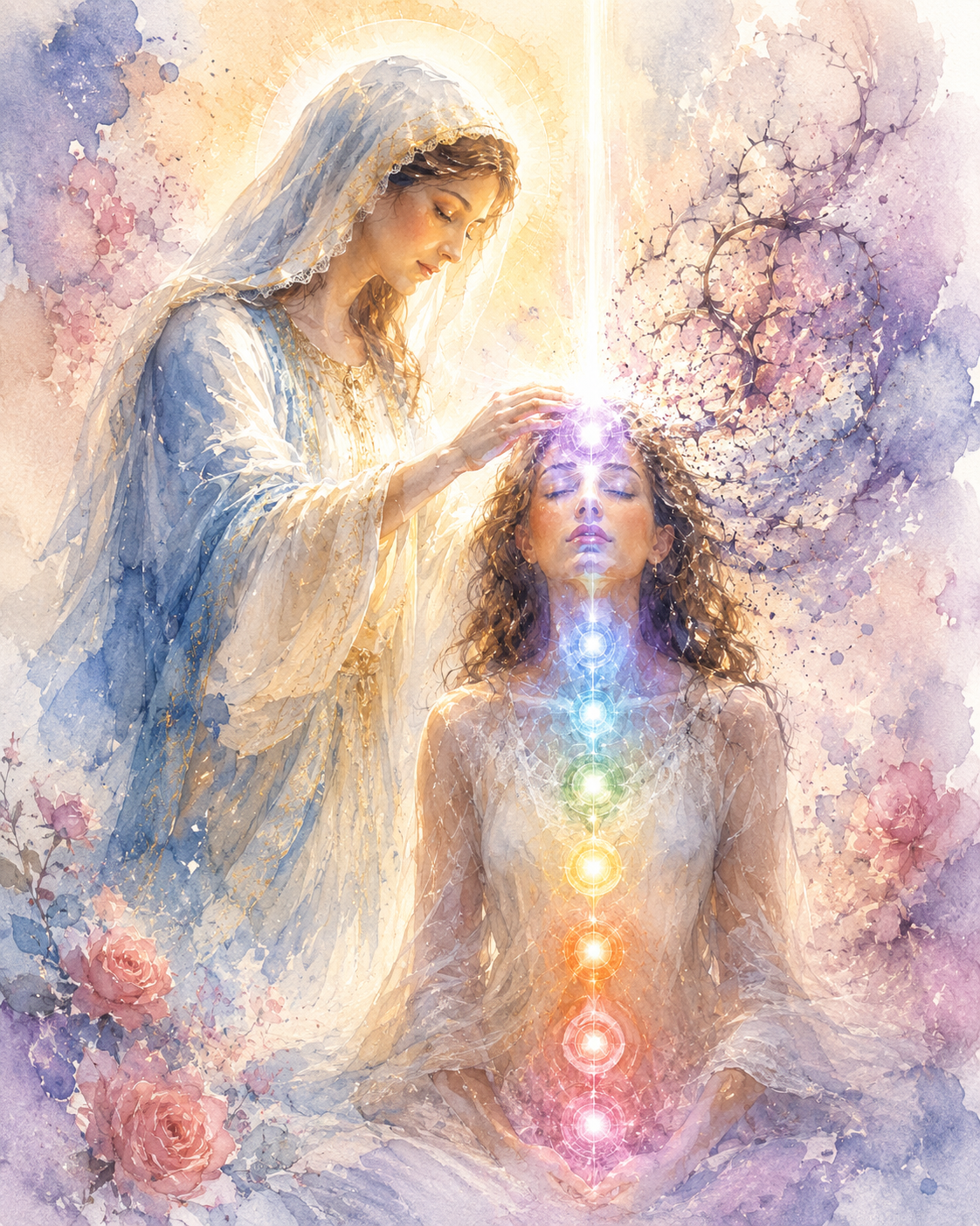 Watercolor illustration of a luminous, veiled healer placing a hand of blessing on a seated figure's forehead, with a rainbow column of chakra light rising through her body