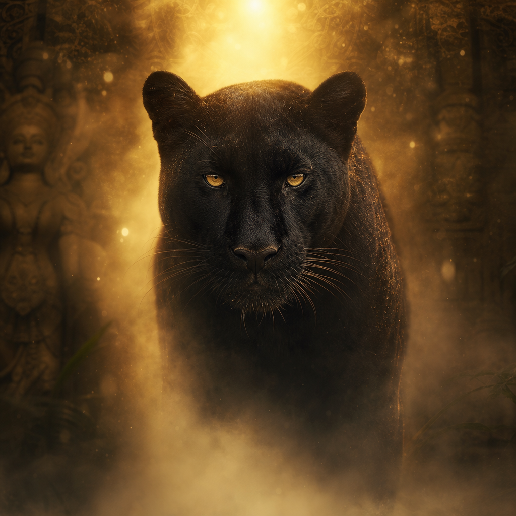Black panther emerging from luminous golden light, representing spiritual guidance and the unseen